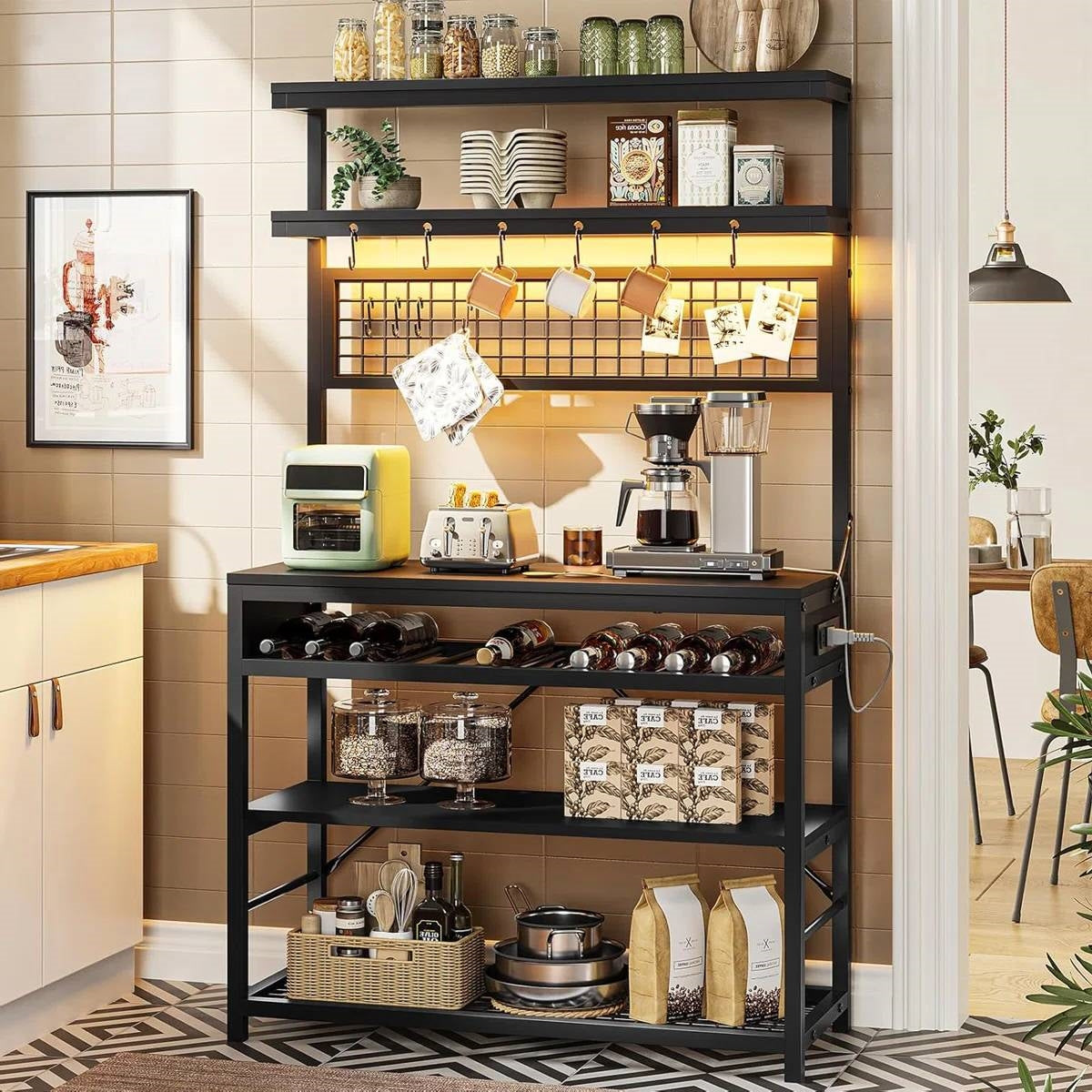 Black Modern Industrial Kitchen Baker's Rack with Multi-Color LED Lights