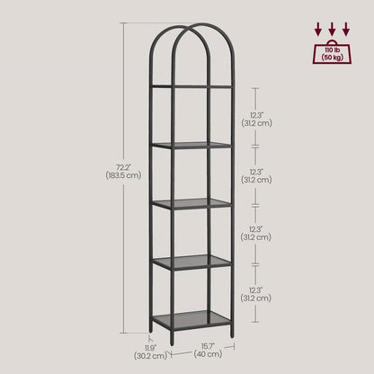Arched Top Black Metal Display Rack Narrow Bookcase with 5 Glass Storage Shelves