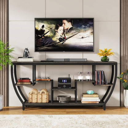 Modern Industrial 70-inch Long Narrow Console Sofa Table with Black Wood Shelves