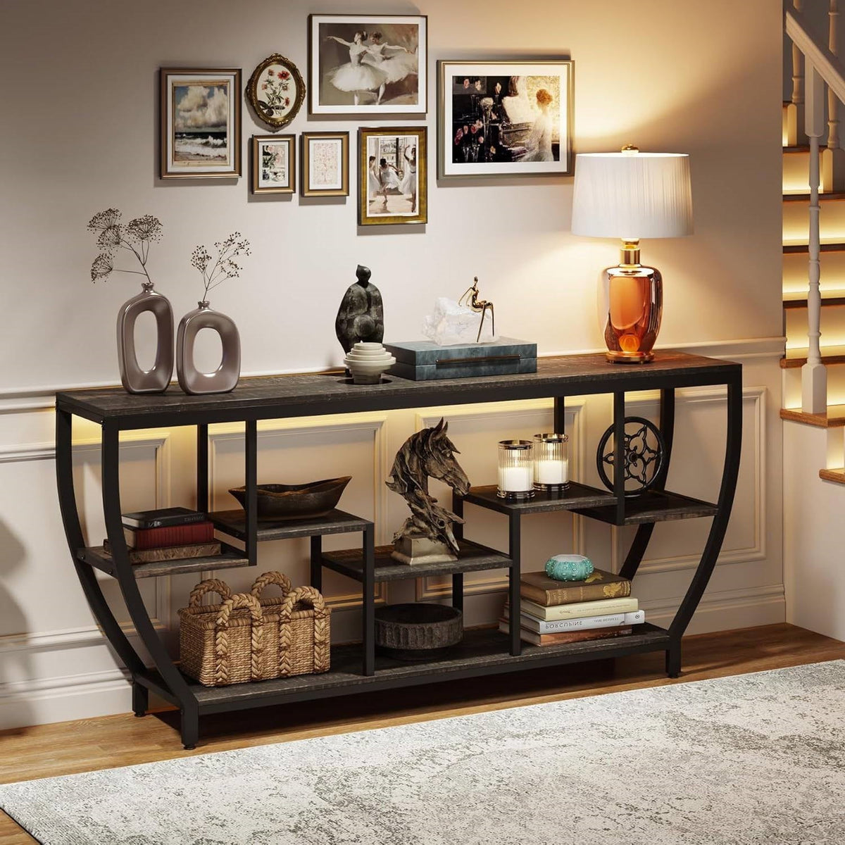 Modern Industrial 70-inch Long Narrow Console Sofa Table with Black Wood Shelves