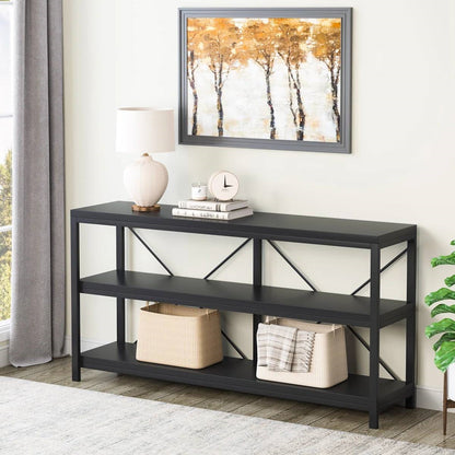 Industrial 55-inch Black Wood Shelf Sofa Table with Heavy Duty Metal Frame