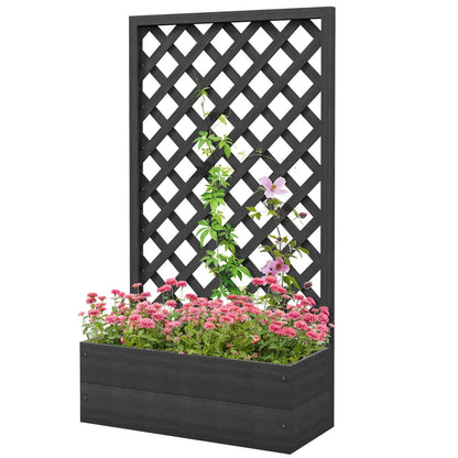 Outdoor Black Wooden Raised Garden Bed Planter Box with Lattice Trellis