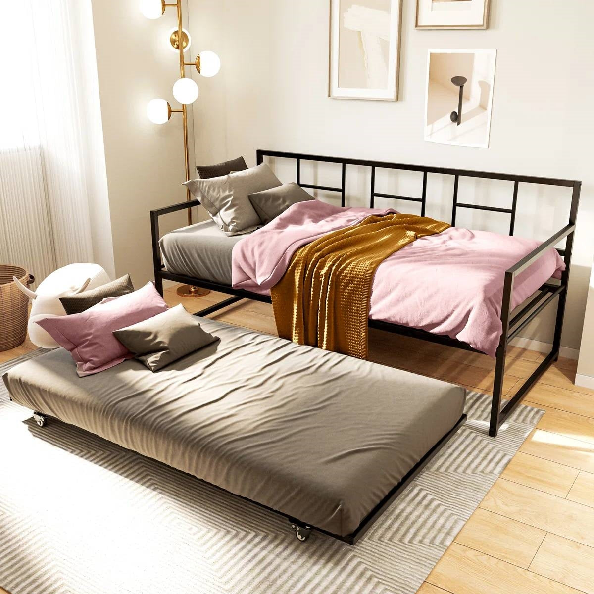 Twin size Black Metal Daybed Frame with Roll Out Trundle Bed Frame