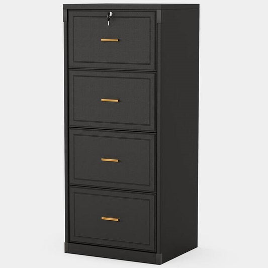 Vertical File Cabinet in Black Wood Finish with 4 Lockable Storage Drawers