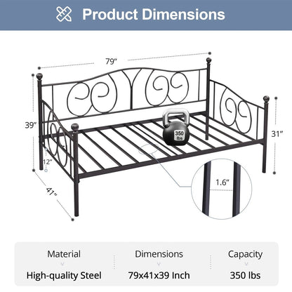 Twin size Victorian Black Metal Daybed Frame - 350 lbs. Weight Capacity