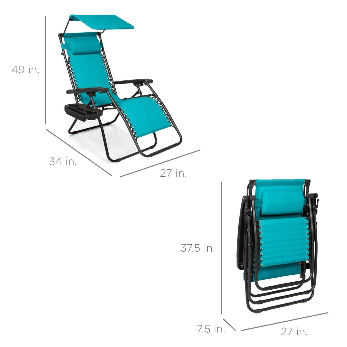 Teal Blue Zero Gravity Folding Reclining Patio Lounge Chair with Canopy