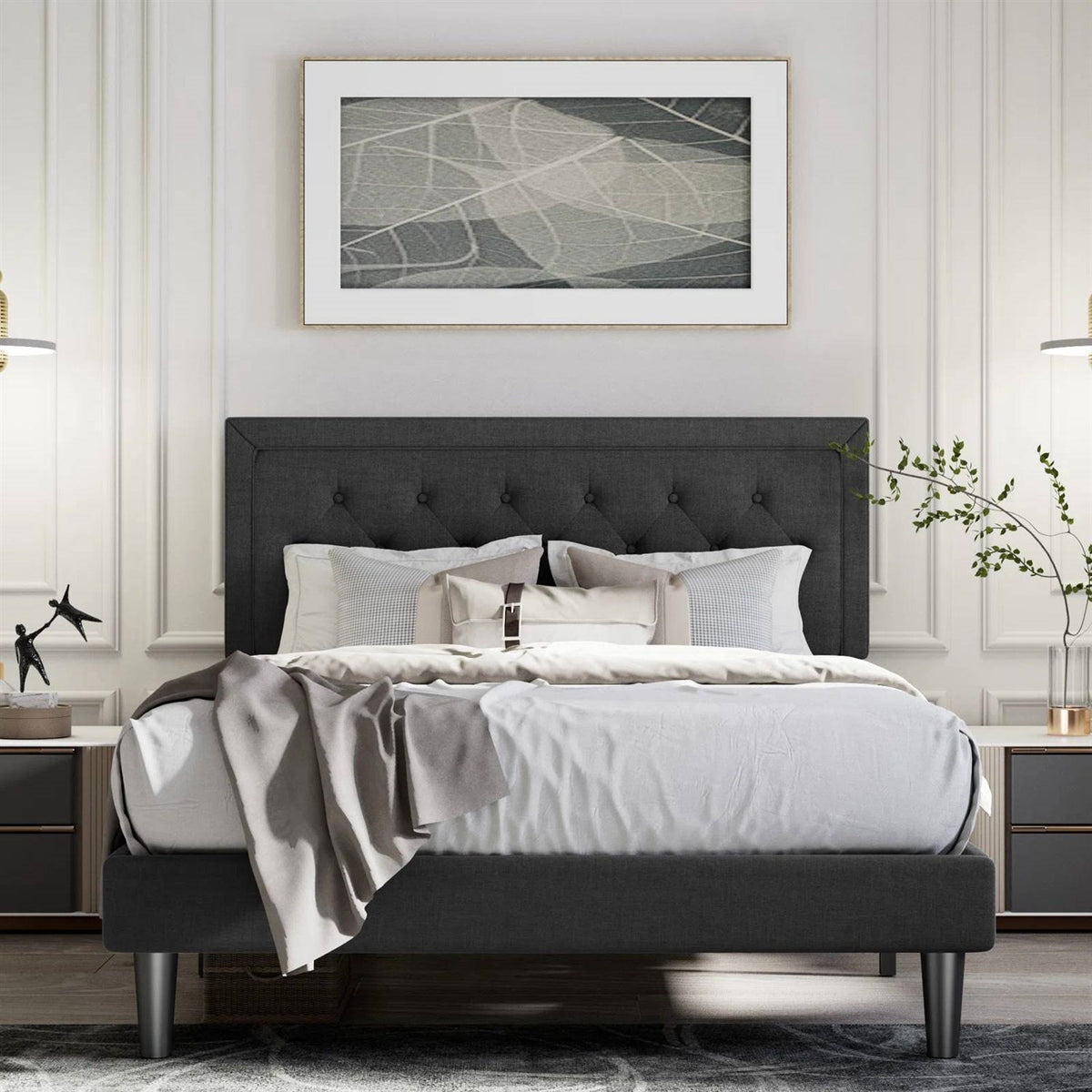 Queen Black Linen Upholstered Platform Bed Frame with Button-Tufted Headboard