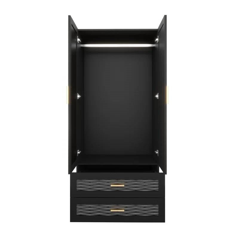 Black Wardrobe Armoire Cabinet with Mirror Hanging Rod and Storage Drawers