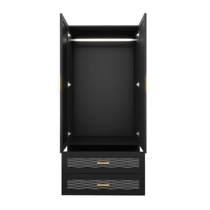 Black Wardrobe Armoire Cabinet with Mirror Hanging Rod and Storage Drawers
