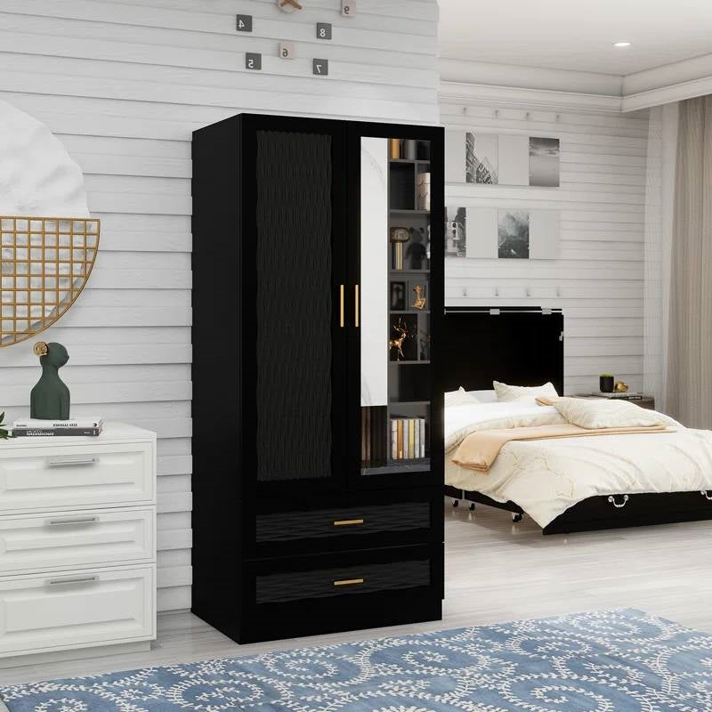 Black Wardrobe Armoire Cabinet with Mirror Hanging Rod and Storage Drawers