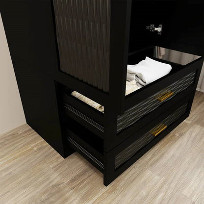 Black Wardrobe Armoire Cabinet with Mirror Hanging Rod and Storage Drawers