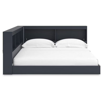 Twin size Blue Wooden Corner Storage Bed with Bookcase Headboard and USB Ports