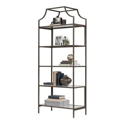 Elegant Bronze Metal Display Rack Etagere Bookcase with 5 Glass Storage Shelves