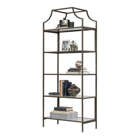 Elegant Bronze Metal Display Rack Etagere Bookcase with 5 Glass Storage Shelves