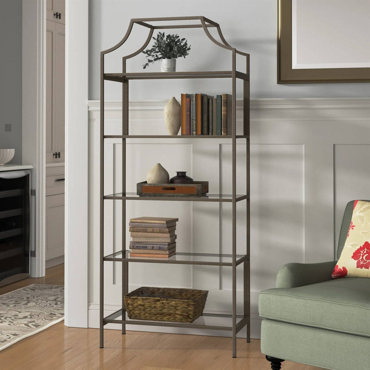 Elegant Bronze Metal Display Rack Etagere Bookcase with 5 Glass Storage Shelves