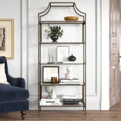 Elegant Bronze Metal Display Rack Etagere Bookcase with 5 Glass Storage Shelves