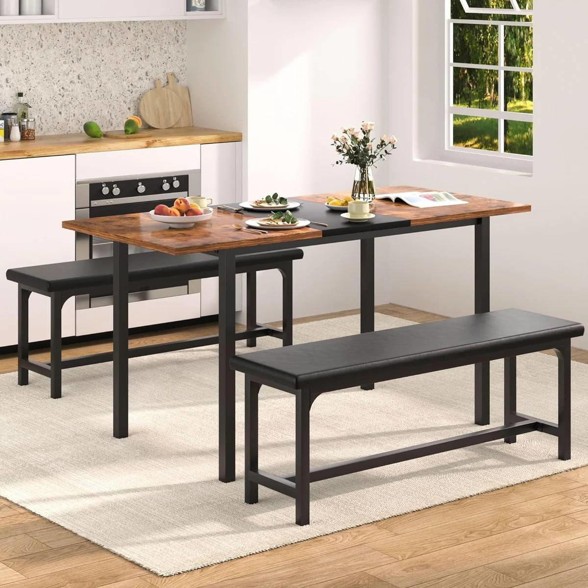 Modern 3-Piece Dining Set with Expandable Kitchen Table and 2 Backless Benches