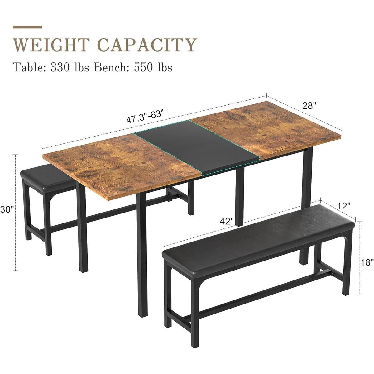 Modern 3-Piece Dining Set with Expandable Kitchen Table and 2 Backless Benches
