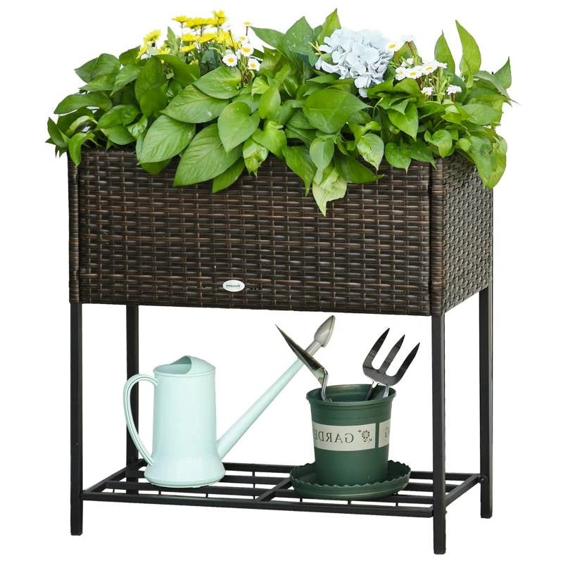 Brown Modern PE Rattan Wicker Raised Garden Bed Elevated Planter Box