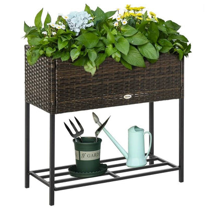 Brown Modern PE Rattan Wicker Raised Garden Bed Elevated Planter Box