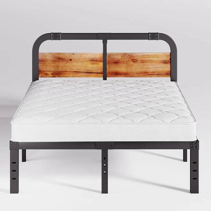 California King Heavy Duty Black Metal Bed Frame with Wood Panel Headboard