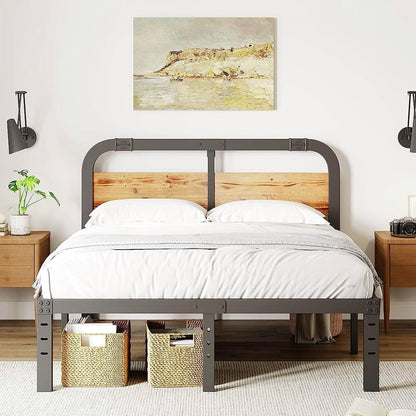 California King Heavy Duty Black Metal Bed Frame with Wood Panel Headboard