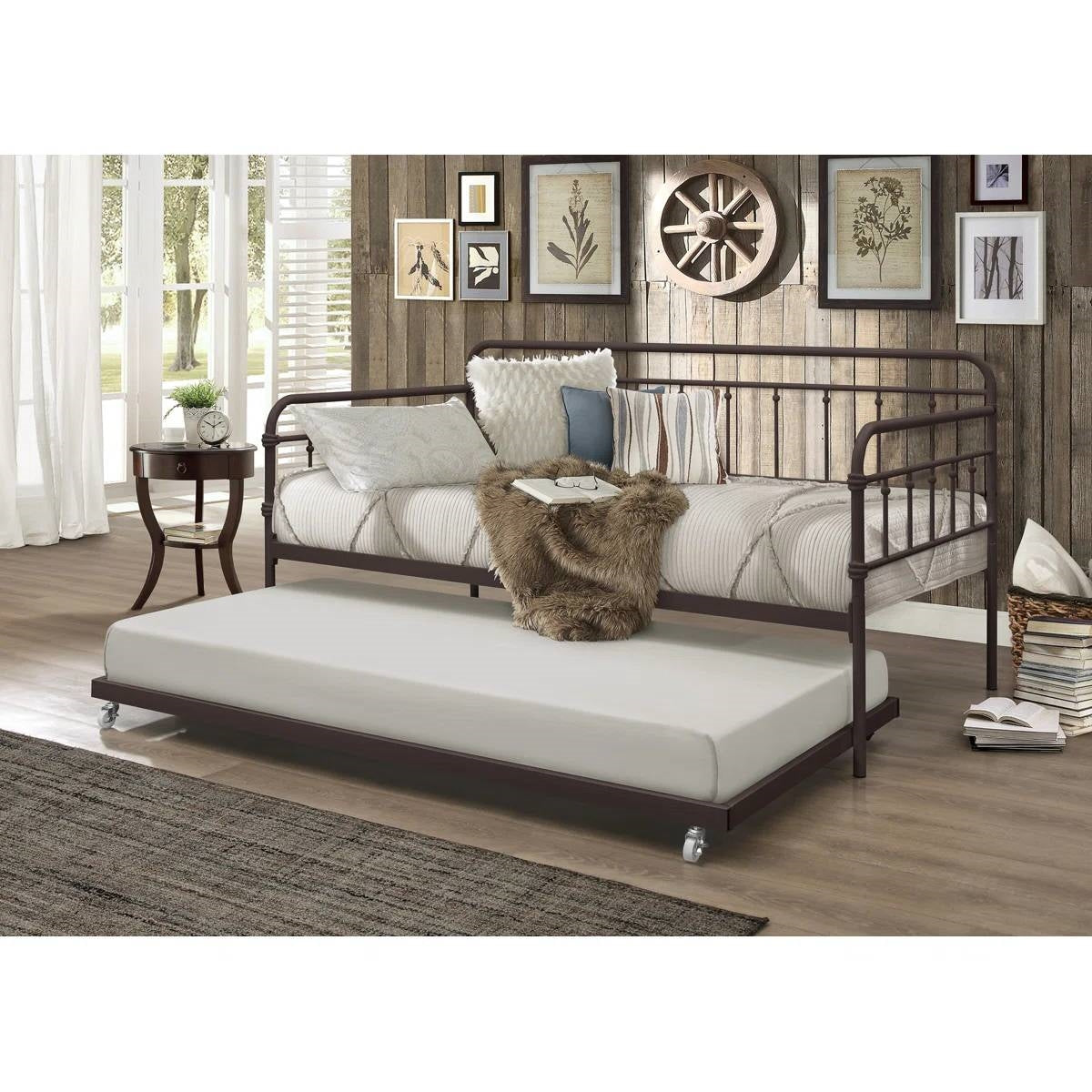 Twin size Rounded Iron Daybed with Roll Out Trundle Bed Frame in Copper Brown