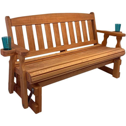 4ft Heavy Duty Porch Glider Bench with Cupholders in Cedar Finish - Made in USA