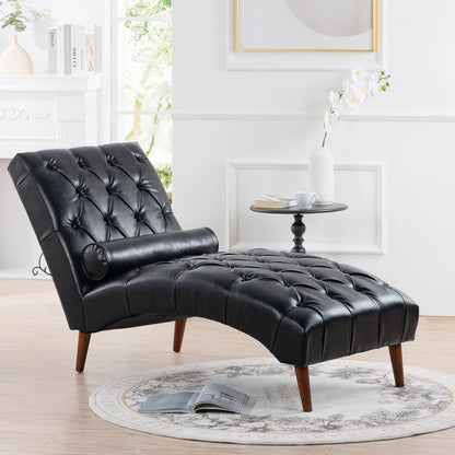 Black Faux Leather Upholstered Armless Chaise Lounge Chair with Lumbar Pillow