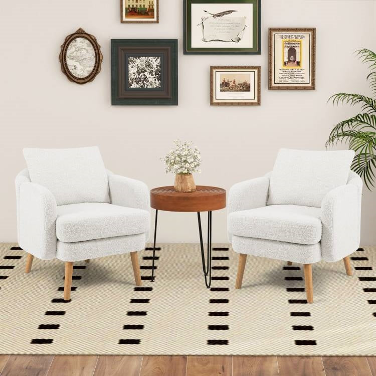 Modern White Sherpa Upholstered Accent Chair with Wooden Legs