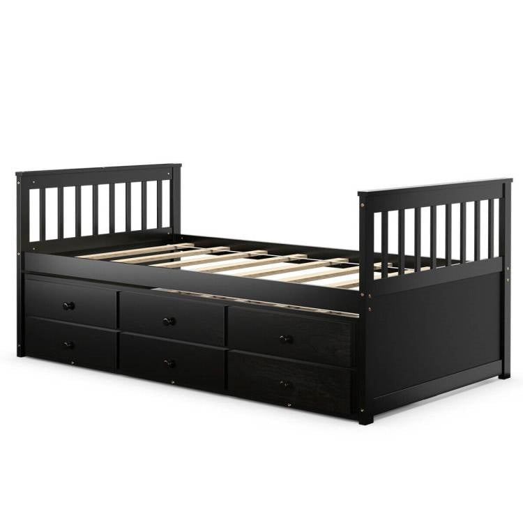 Twin Captains Bed with Pull Out Trundle and 3 Storage Drawers - Dark Brown Mocha