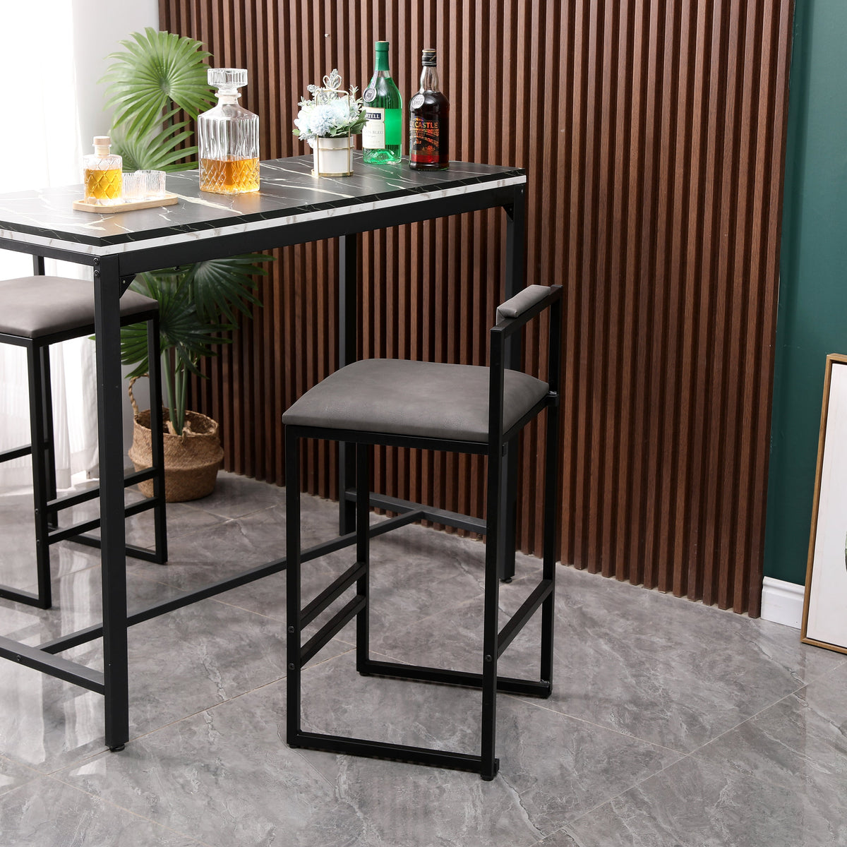 Set of 2 Counter Height Barstools Kitchen Island Stools (Gray with Back)