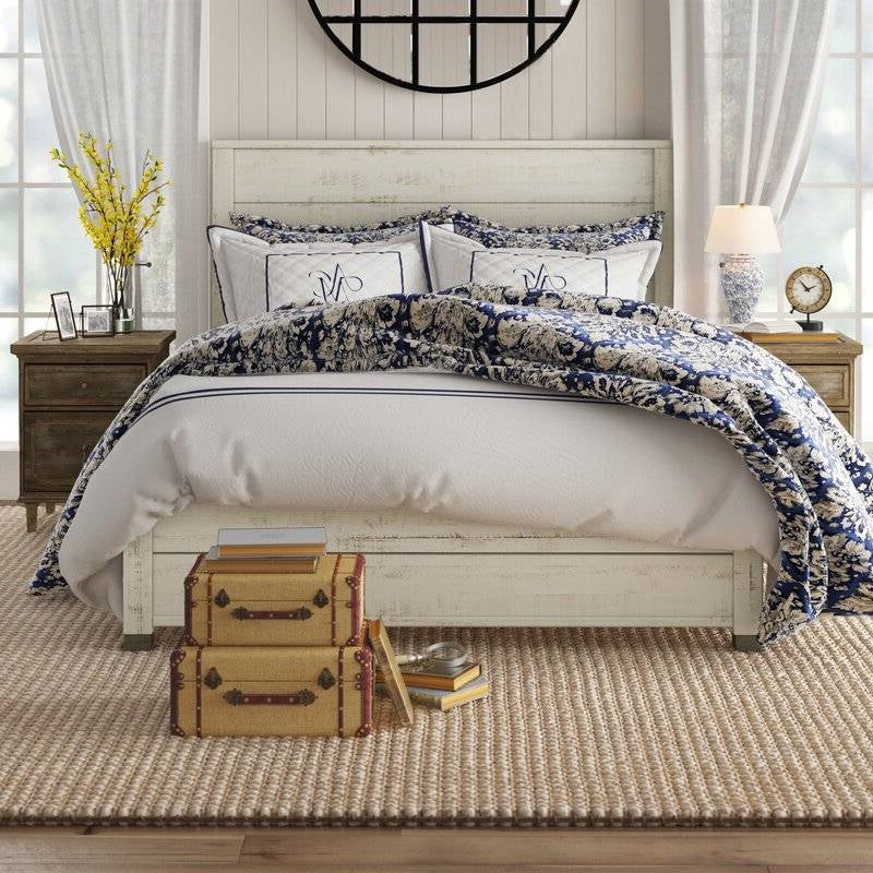 Full Size Solid Wood Platform Bed Frame with Headboard in Rustic White Finish