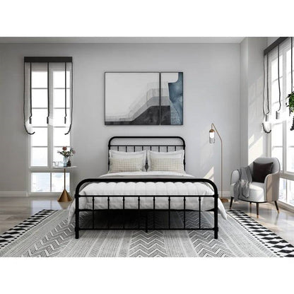 Full size Farmhouse Black Metal Bed Frame with Rounded Headboard Footboard