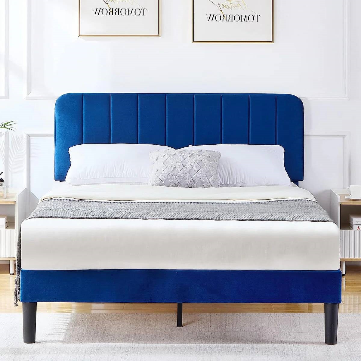 Full size Blue Upholstered Platform Bed Frame with Headboard