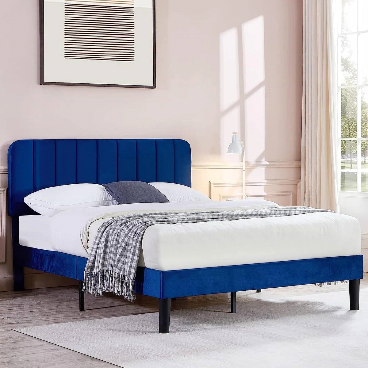 Full size Blue Upholstered Platform Bed Frame with Headboard
