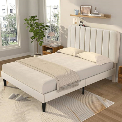 Full size Beige Upholstered Platform Bed Frame with Headboard