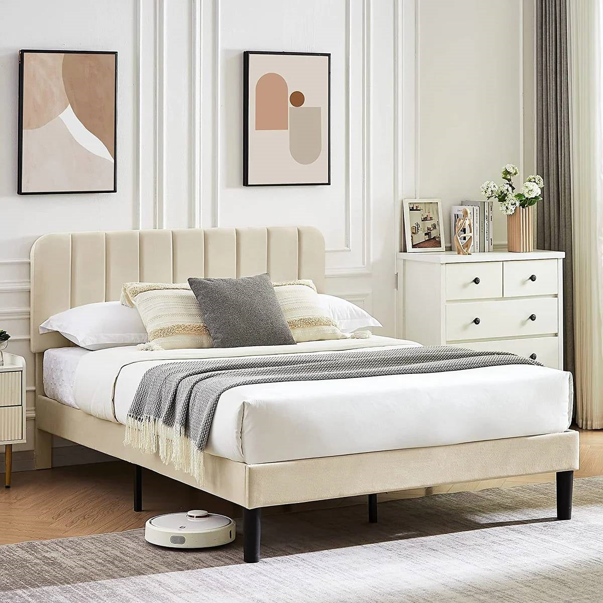 Full size Beige Upholstered Platform Bed Frame with Headboard