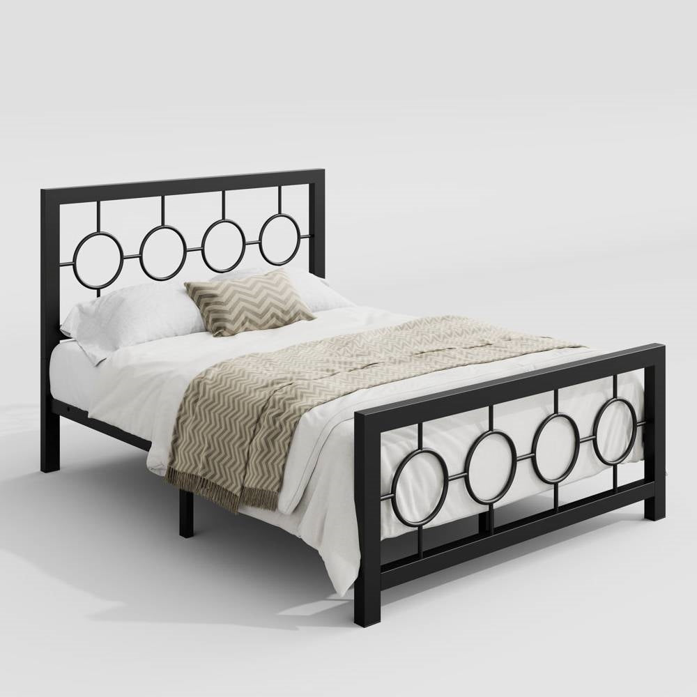 Full Black Metal Platform Bed Frame with Circle Medallion Headboard Footboard