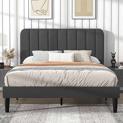 Full size Dark Grey Upholstered Platform Bed Frame with Headboard