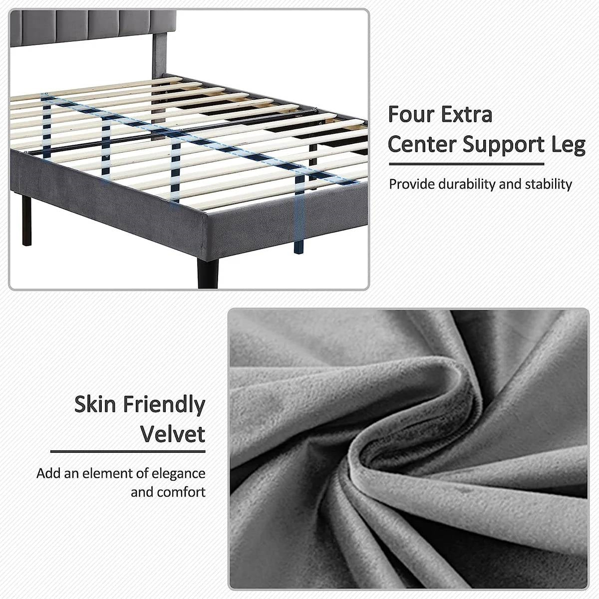 Full size Dark Grey Upholstered Platform Bed Frame with Headboard
