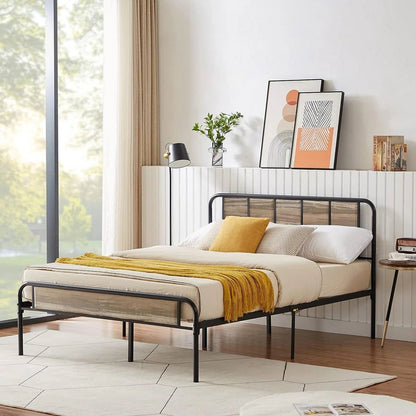 Full size Grey Wood Metal Platform Bed Frame with Rounded Headboard Footboard