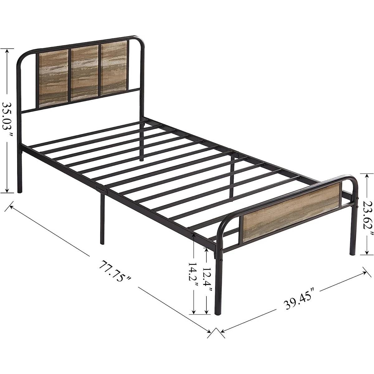 Full size Grey Wood Metal Platform Bed Frame with Rounded Headboard Footboard