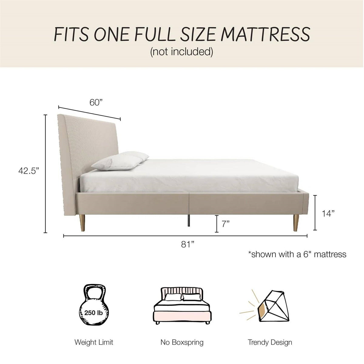 Full size Off-White Ivory Cream Upholstered Platform Bed Frame with Headboard