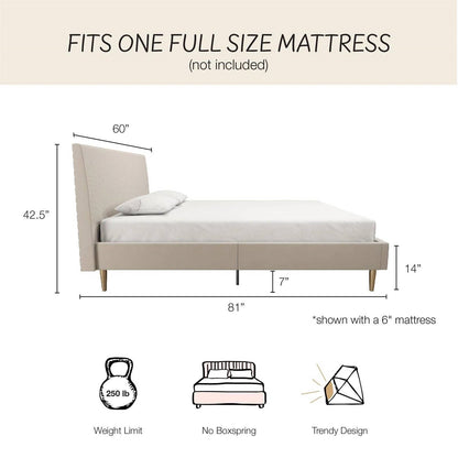 Full size Off-White Ivory Cream Upholstered Platform Bed Frame with Headboard