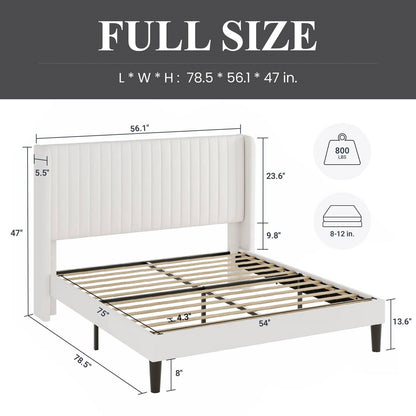 Full size White Velvet Upholstered Platform Bed Frame with Wingback Headboard