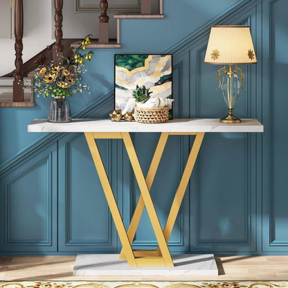 Modern Industrial Console Table with Faux White Marble Top and Gold Frame