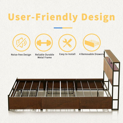 Full size Platform Bed with Headboard and Storage Drawers in Brown Wood Finish