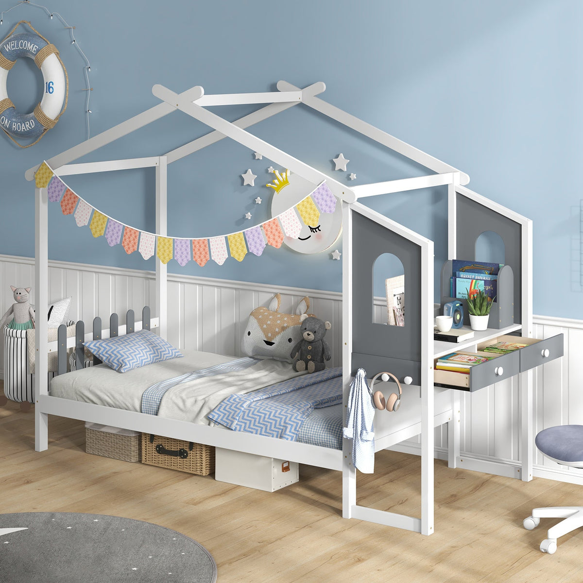 Twin/Full Bed Frame with House Roof Canopy and Fence for Kids
