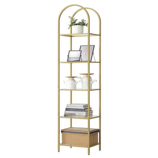 Arched Top Gold Metal Display Rack Narrow Bookcase with 5 Glass Storage Shelves